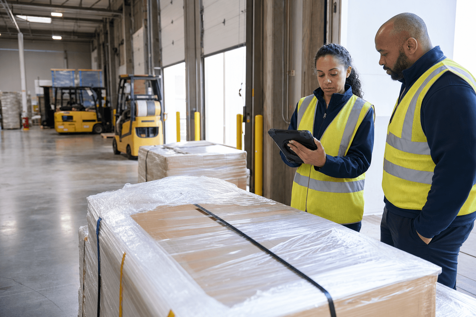 Warehouse receiving team documenting an inbound pallet exception