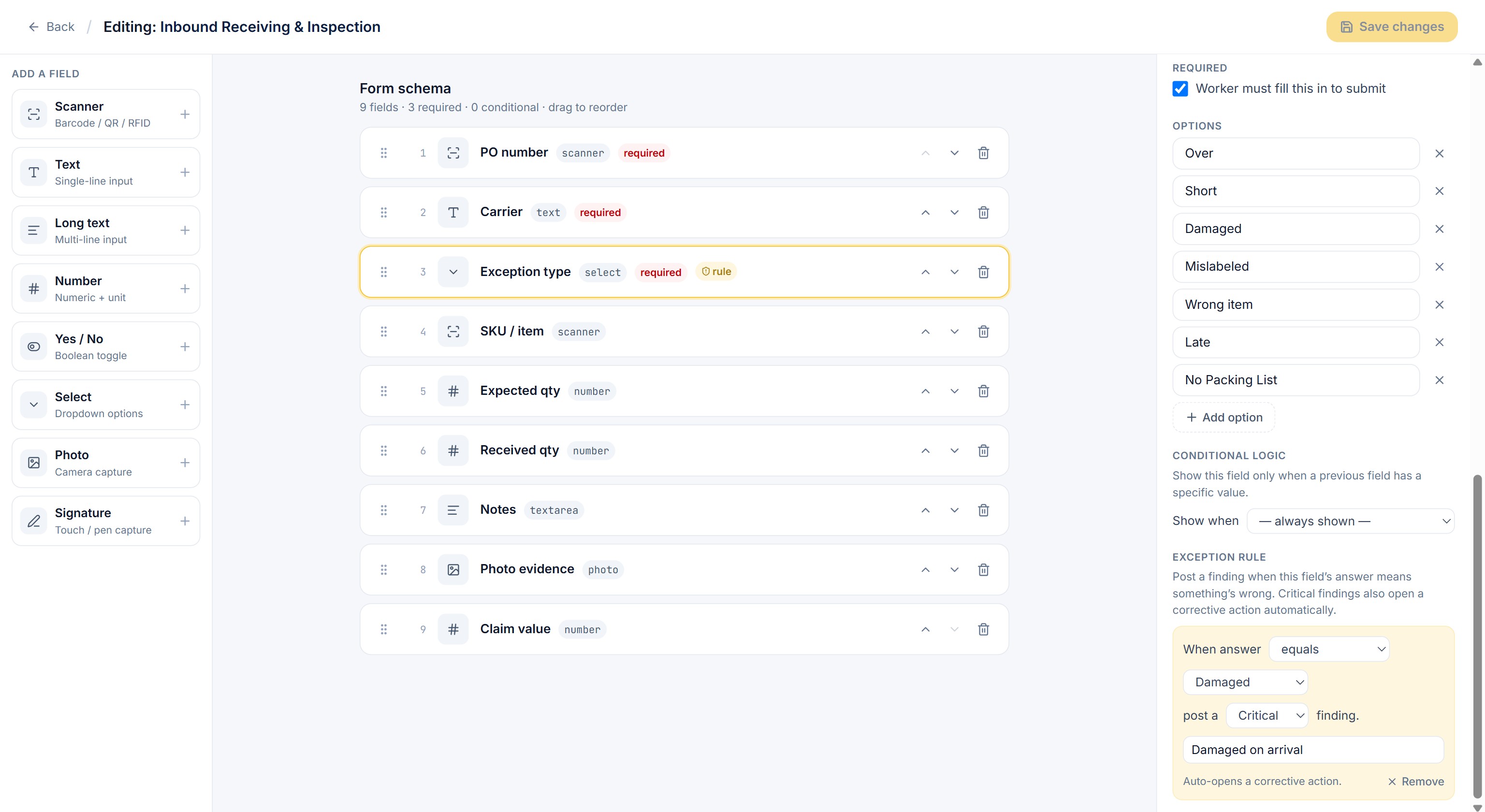 FloorCoach workflow editor: an exception rule on the Exception type field — equals Damaged posts a Critical finding and auto-opens a corrective action