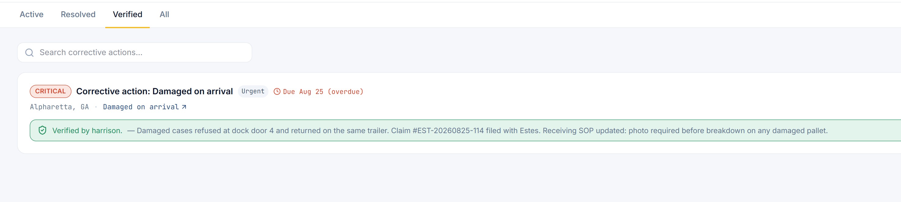 A verified corrective action, locked with the verifier's name and the resolution notes on record